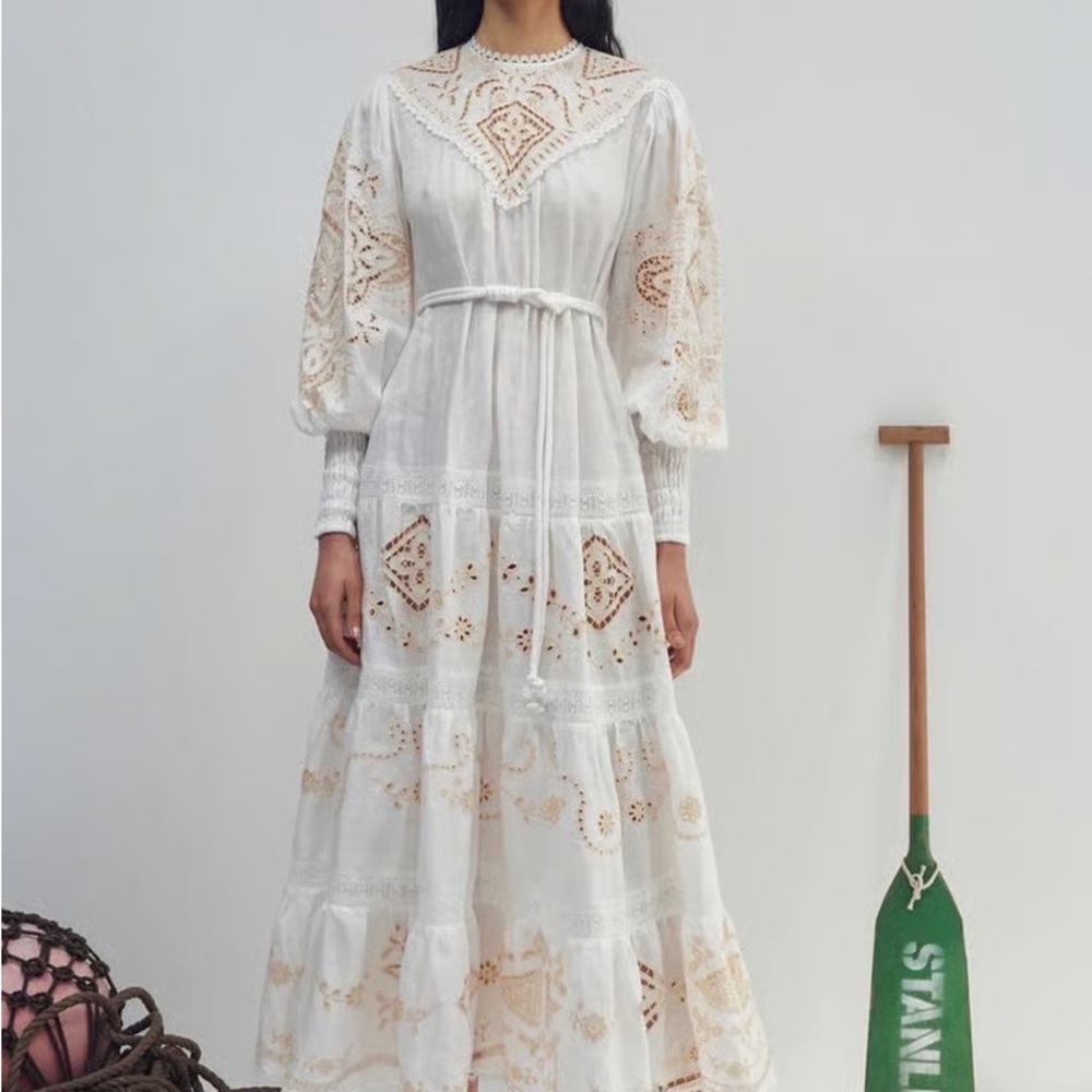 White Maxi Dress with Beige Embroidered Accents